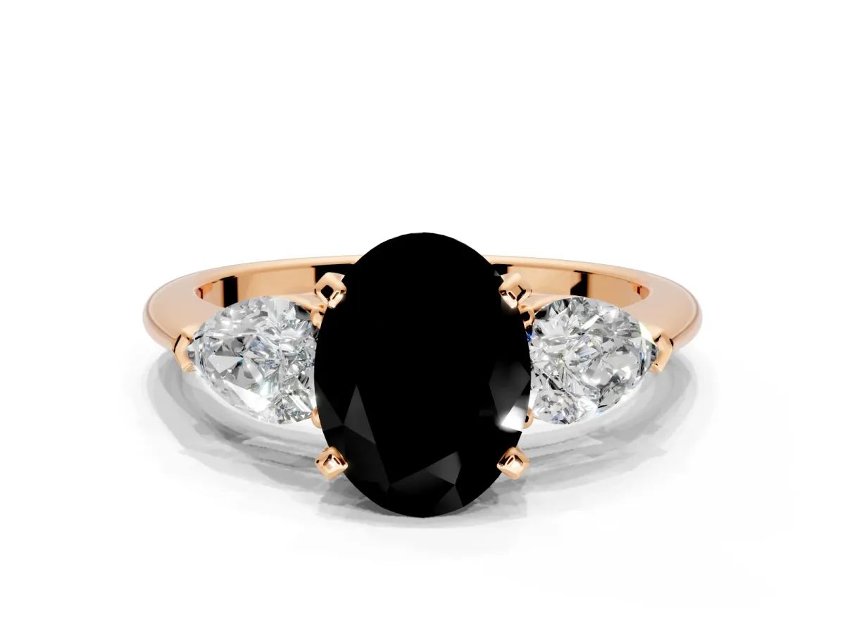 3 Stone Engagement Ring Setting for Fancy Black Oval Center with Large Pear-Shaped Accents and Prong Head in Rose Gold