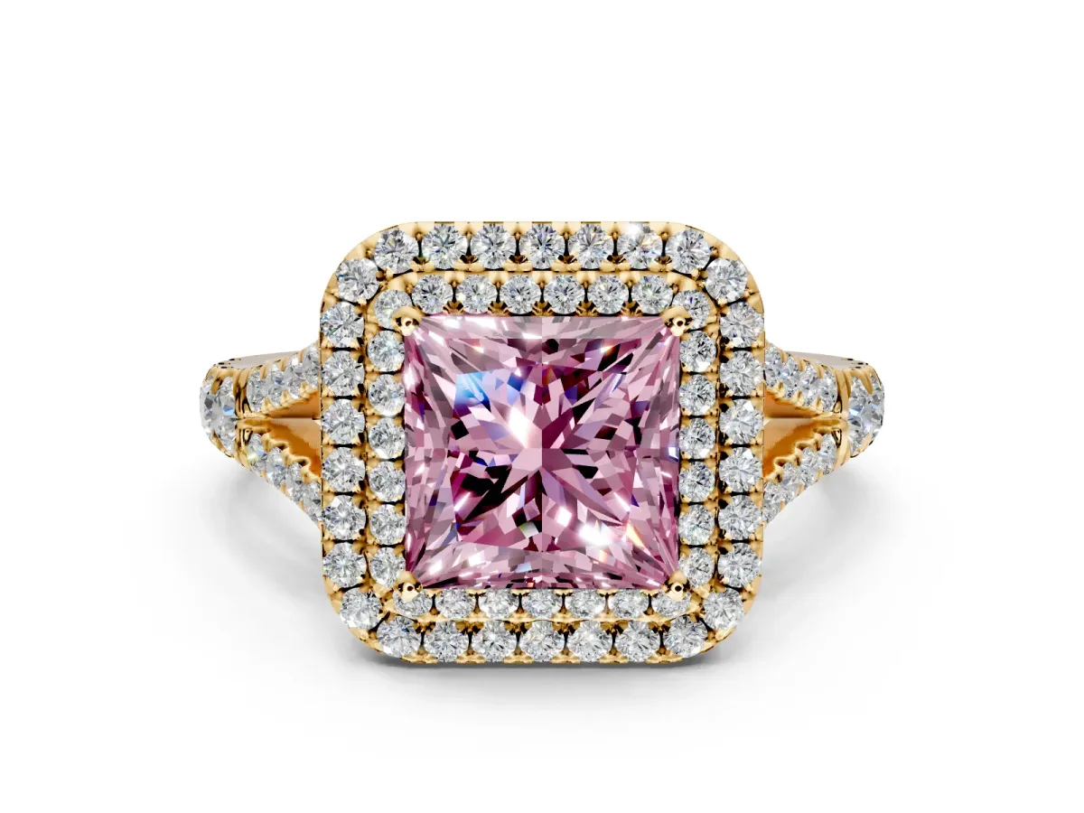 Double Halo Engagement Ring Setting for Fancy Pink Princess Cut Center with Narrow Pave Split Shank and Prong Head in Yellow Gold