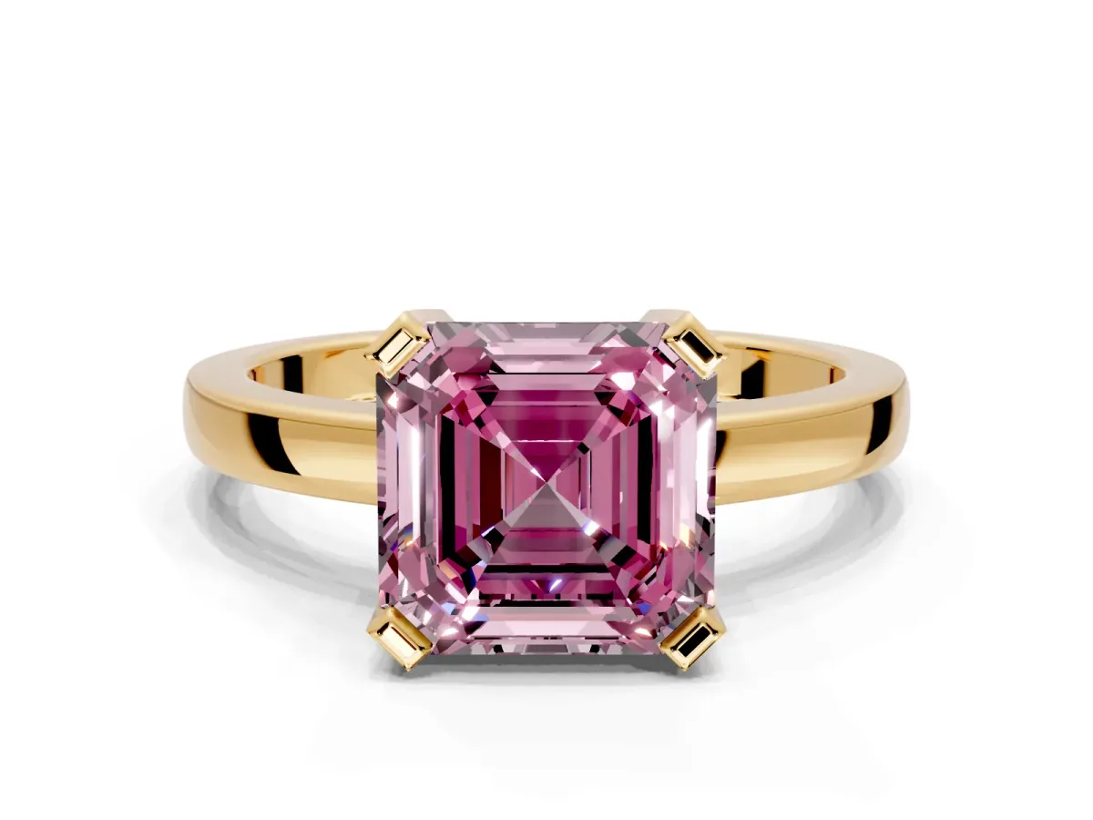 Solitaire Engagement Ring Setting for Fancy Pink Asscher Cut Center with Plain Band and Flat Tab Prong Head in Yellow Gold