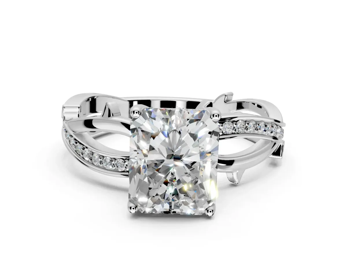 Solitaire Engagement Ring Setting for Radiant Cut Center with Pave and Plain Crossover Band and Prong Head in Platinum