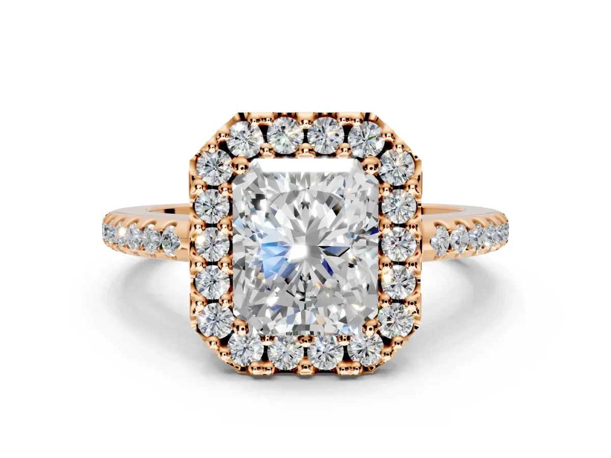 Pave Halo Engagement Ring Setting for Radiant Cut Center with Single Row Pave Band and Prong Head in Rose Gold