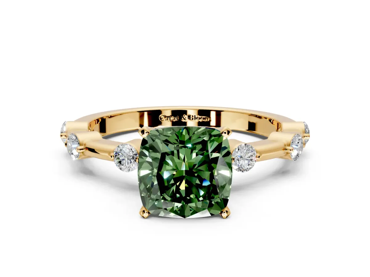 Solitaire Engagement Ring Setting for Fancy Green Cushion Cut Center with Bezel Station Band and Prong Head in Yellow Gold