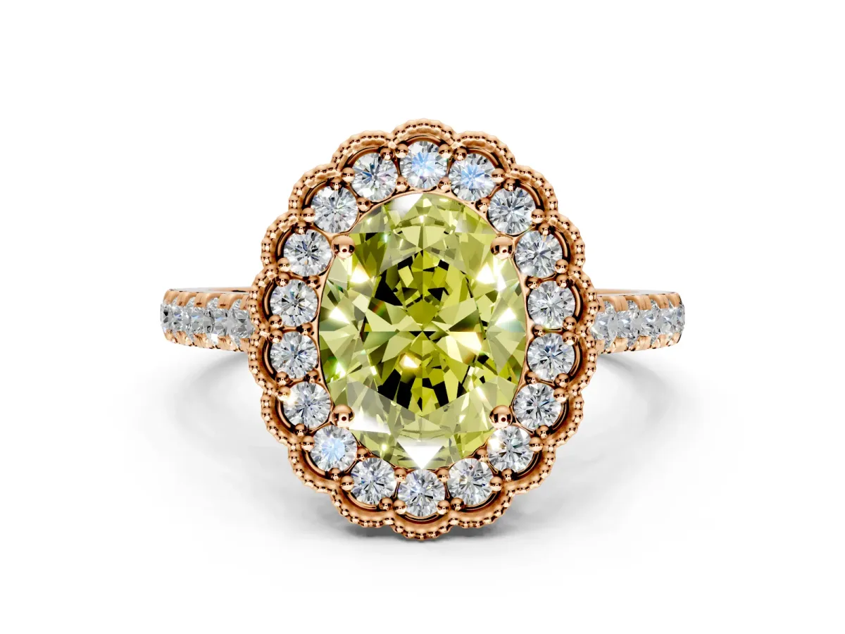Milgrain Floral Halo Engagement Ring Setting for Fancy Yellow Oval Center with Pave Band and Prong Head in Rose Gold