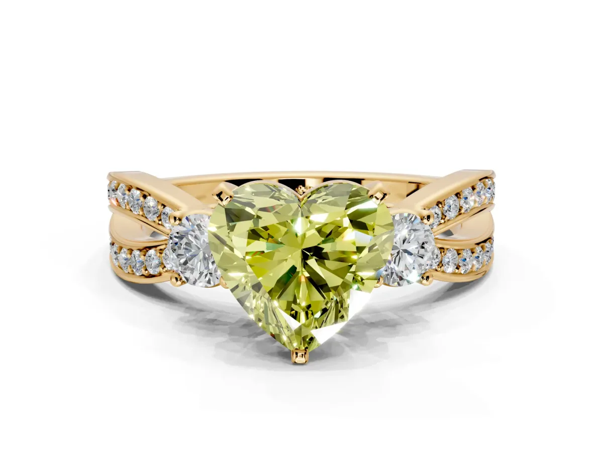 3 Stone Engagement Ring Setting for Fancy Yellow Heart-Shaped Center with Pave Twist Band and Prong Head in Yellow Gold