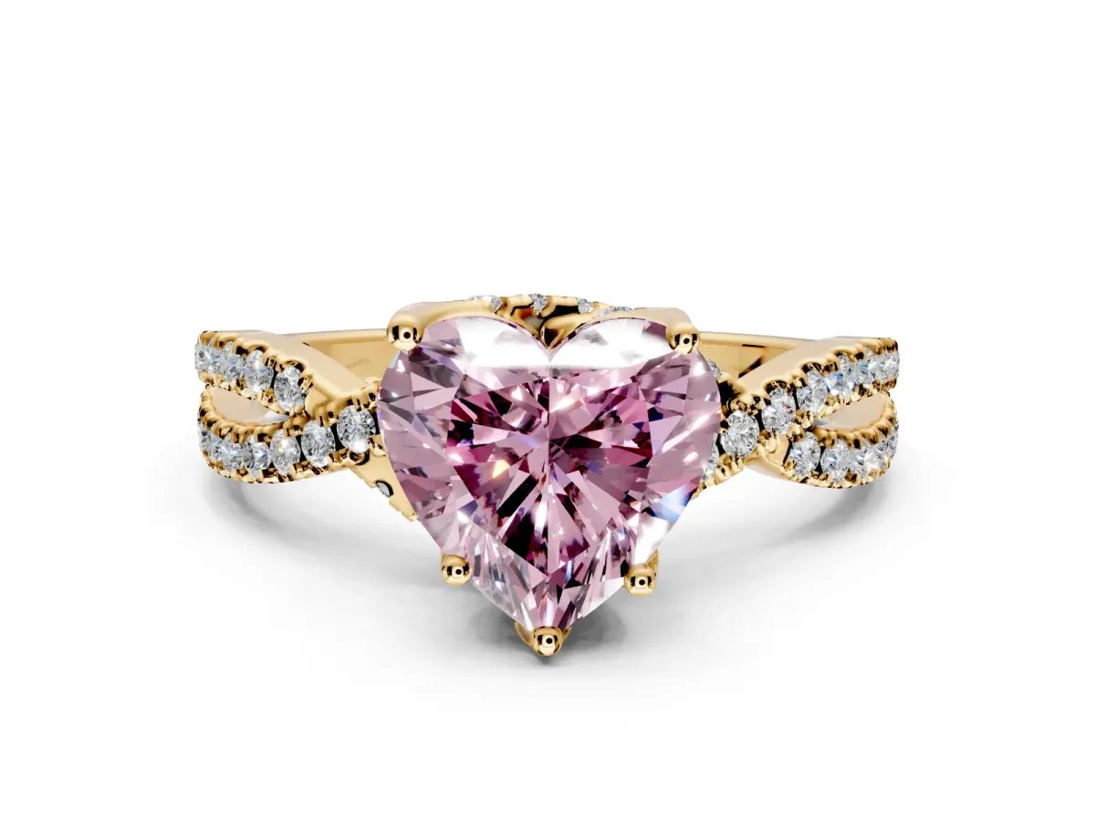 Solitaire Engagement Ring Setting for Fancy Pink Heart-Shaped Center with Narrow Twist Pave Band and Prong Head in Yellow Gold