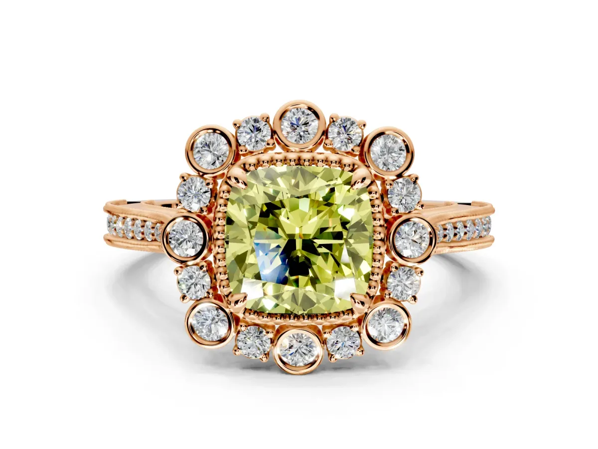 Milgrain Halo Engagement Ring Setting for Fancy Yellow Cushion Cut Center with Bezel Point Accents and Prong Head in Rose Gold