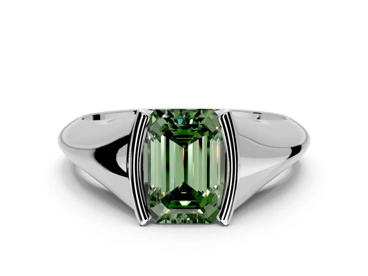 Tension Engagement Ring Setting for Fancy Green Emerald Cut Center with Wide Tapered Band and Tension Head in Platinum