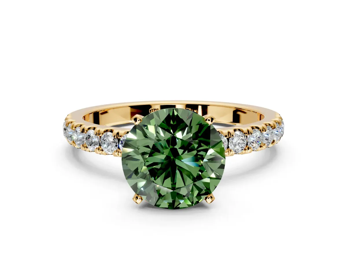 Open Basket Engagement Ring Setting for Fancy Green Round Cut Center with Pave Band and Prong Head in Yellow Gold