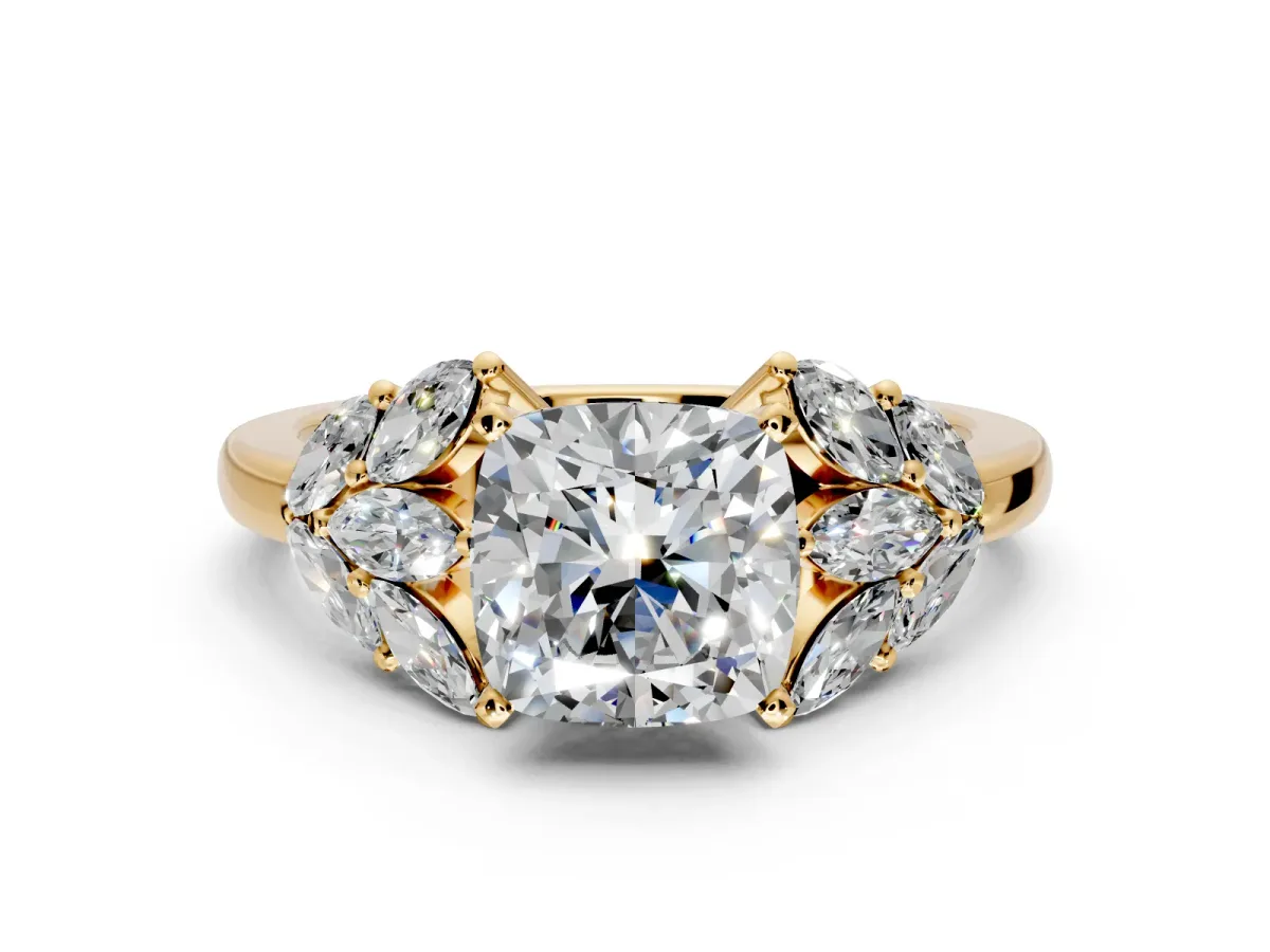 Leaf Cluster Engagement Ring Setting for Cushion Cut Center with Marquise Accents and Prong Head in Yellow Gold