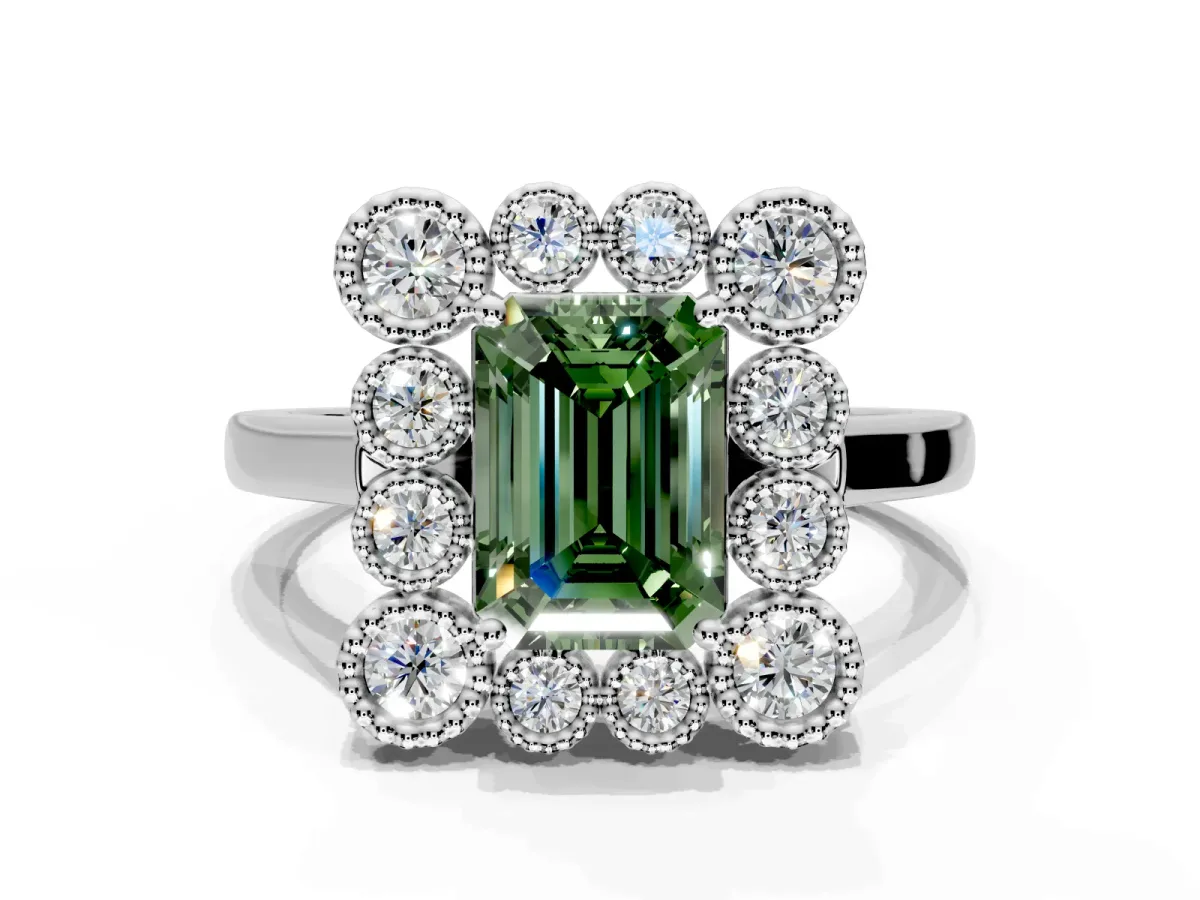 Cluster Halo Engagement Ring Setting for Fancy Green Emerald Cut Center with Milgrain Bezel Accents and Prong Head in White Gold