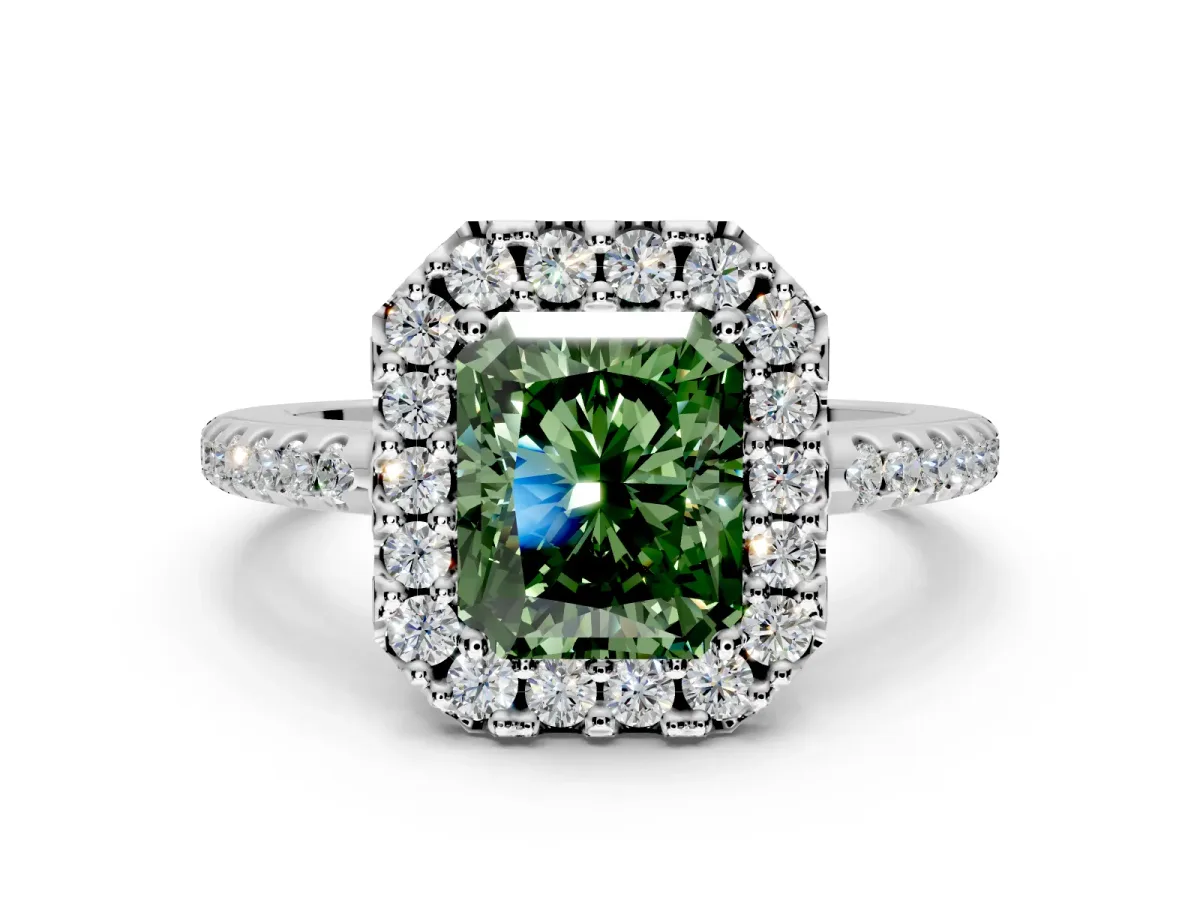 Pave Halo Engagement Ring Setting for Fancy Green Radiant Cut Center with Single Row Pave Band and Prong Head in White Gold
