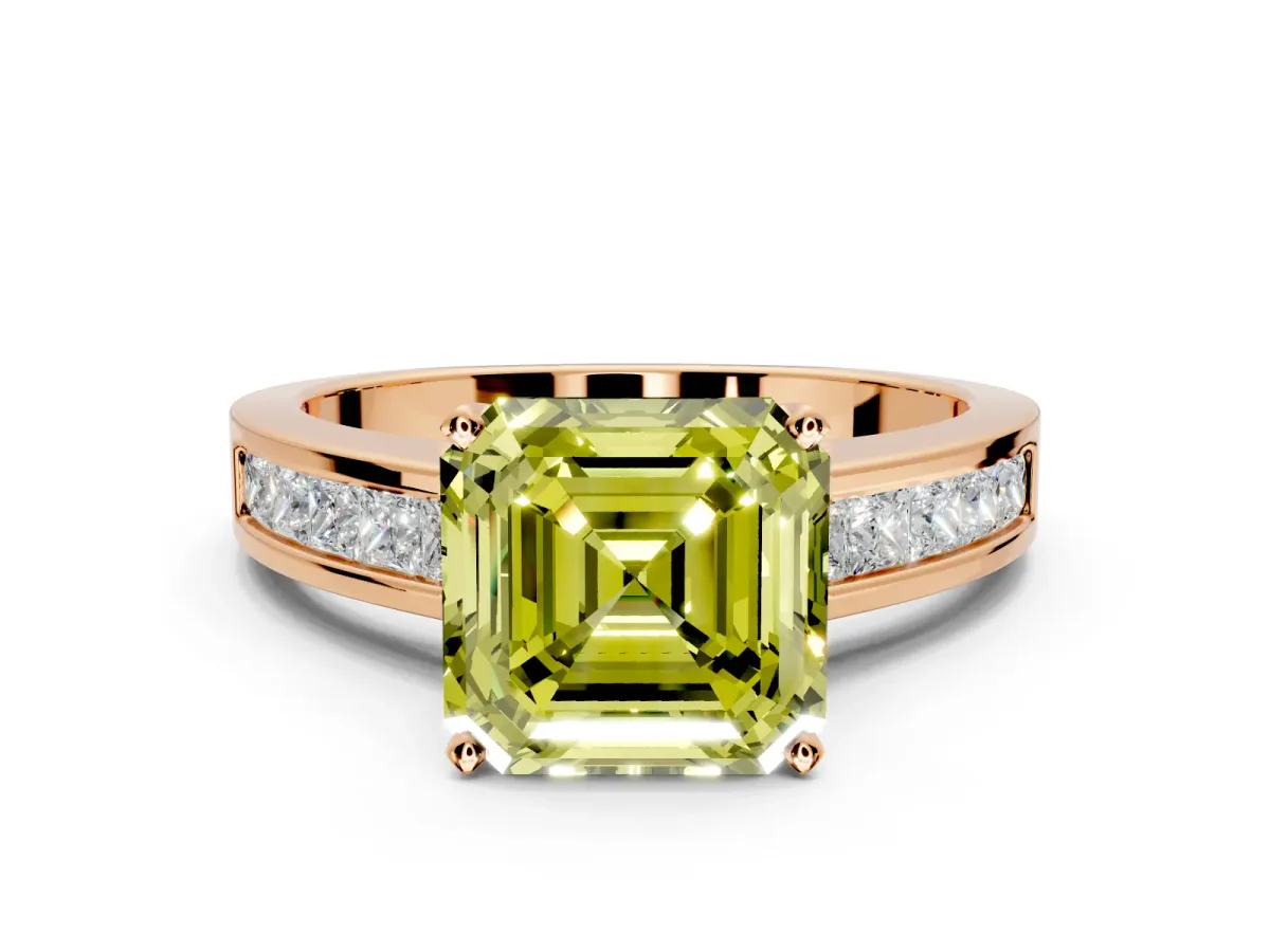 Solitaire Engagement Ring Setting for Fancy Yellow Asscher Cut Center with Princess Cut Channel Band and Prong Head in Rose Gold