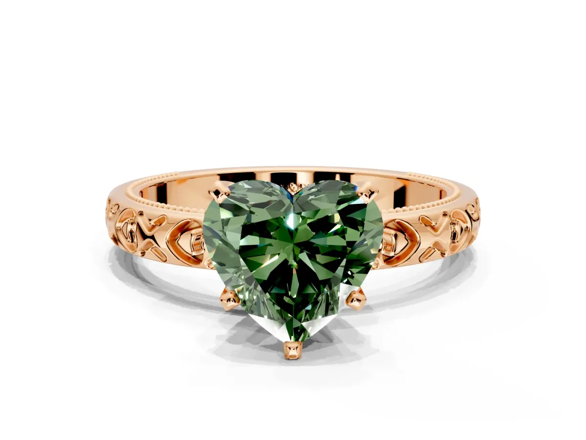 Solitaire Engagement Ring Setting for Fancy Green Heart-Shaped Center with XO Engraved Band and Prong Head in Rose Gold