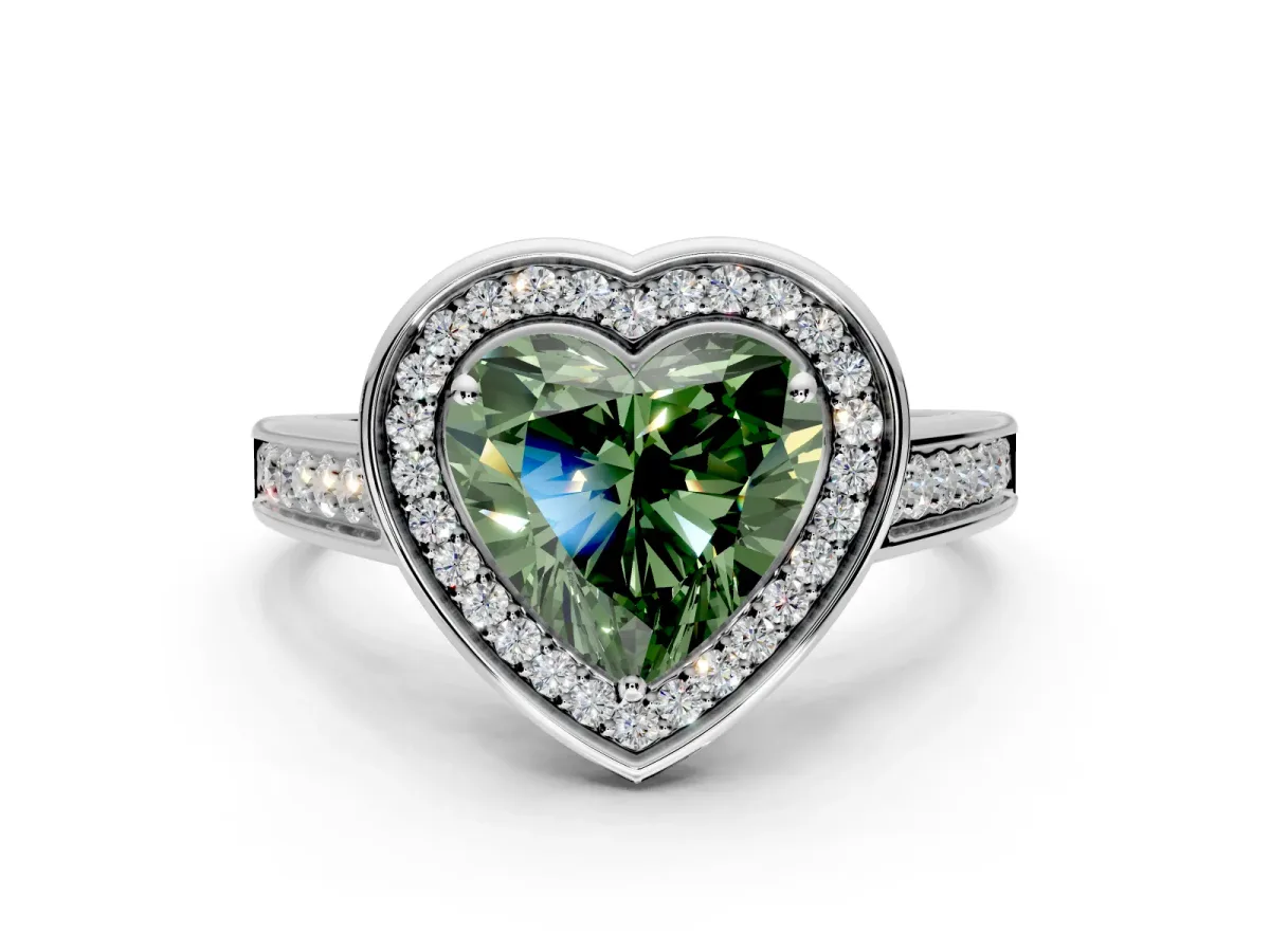 Halo Engagement Ring Setting for Fancy Green Heart-Shaped Center with Outer Bezel Rim, Pave Band and Prong Head in White Gold