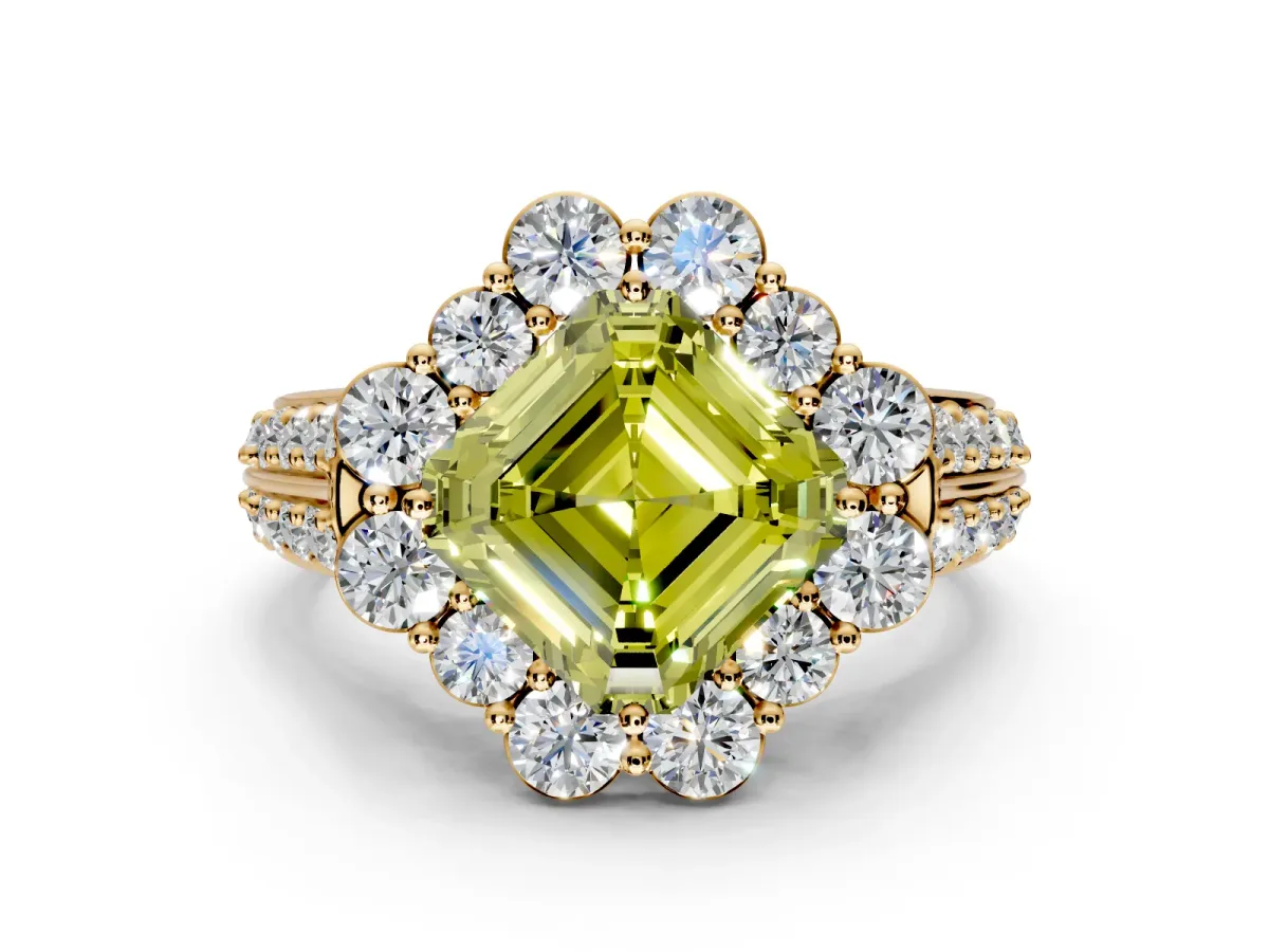 Large Accent Halo Engagement Ring Setting for Fancy Yellow Asscher Cut Center with Pave Split Shank and Prong Head in Yellow Gold