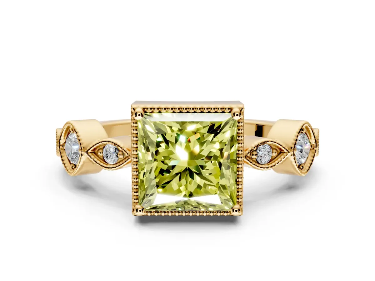 Vintage Station Engagement Ring Setting for Fancy Yellow Princess Cut Center with Accents and Prong Head in Yellow Gold