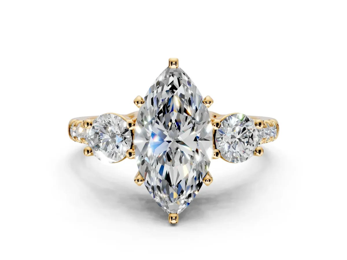 3 Stone Engagement Ring Setting for Marquise Center with Crossover Basket, Pave Band and Prong Head in Yellow Gold