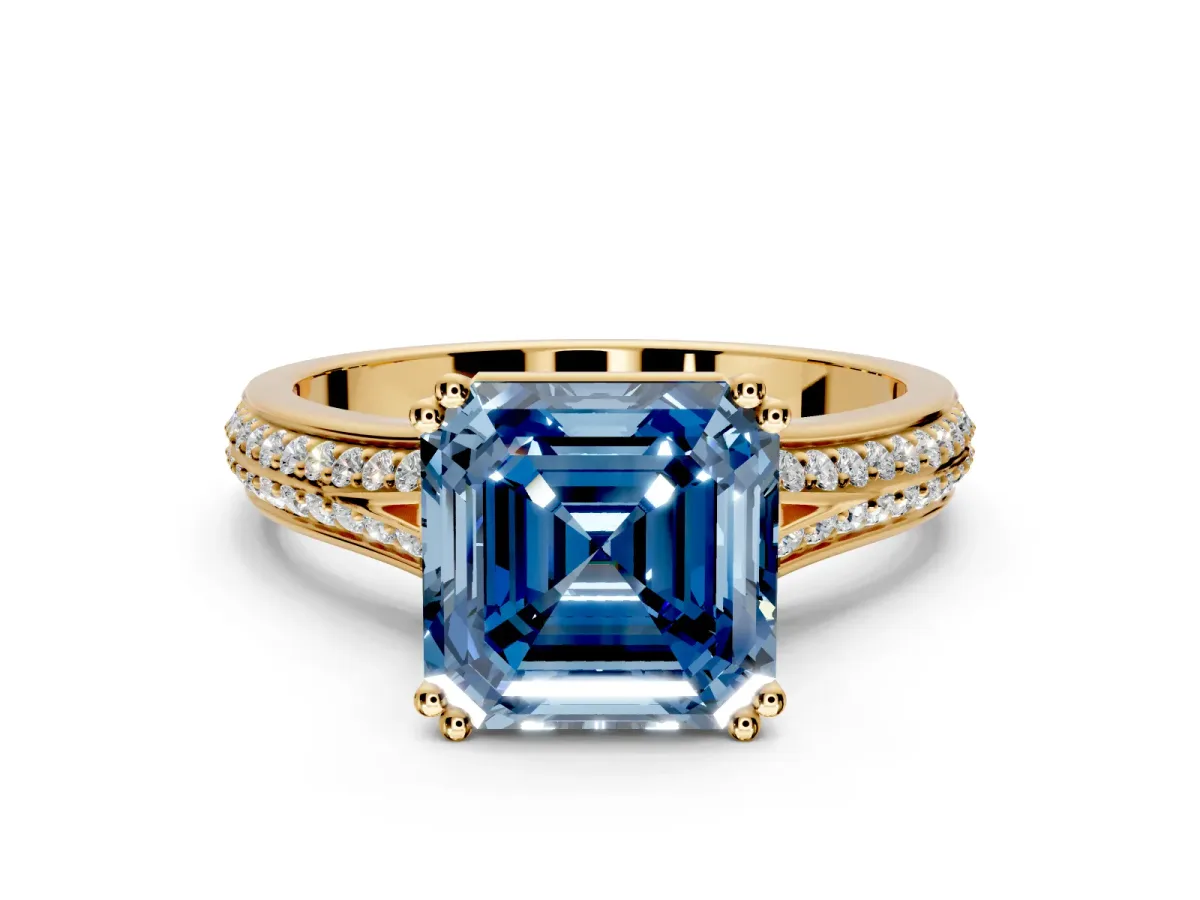 Solitaire Engagement Ring Setting for Fancy Blue Asscher Cut Center with Pave Rail Split Shank and Prong Head in Yellow Gold