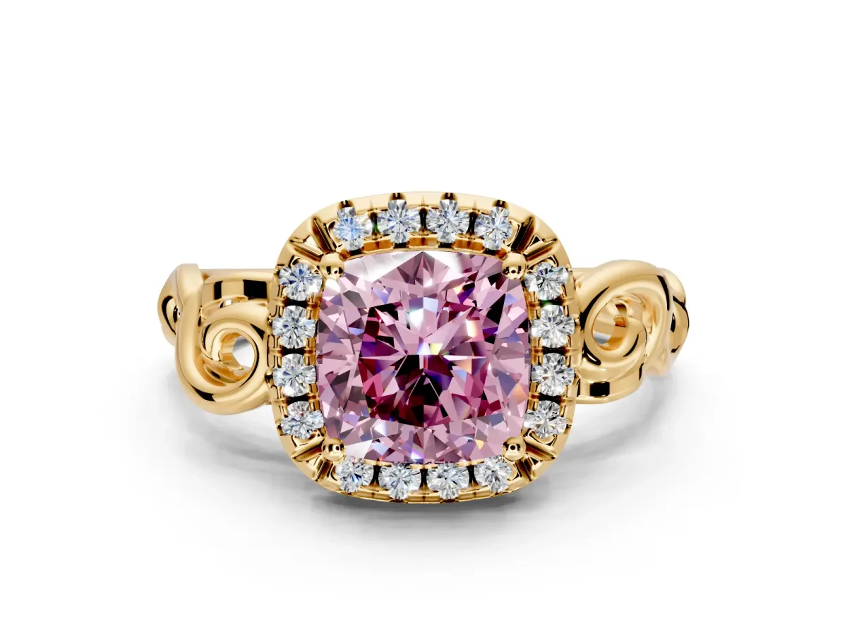 Halo Engagement Ring Setting for Fancy Pink Cushion Cut Center with Open Scroll Shoulders and Prong Head in Yellow Gold