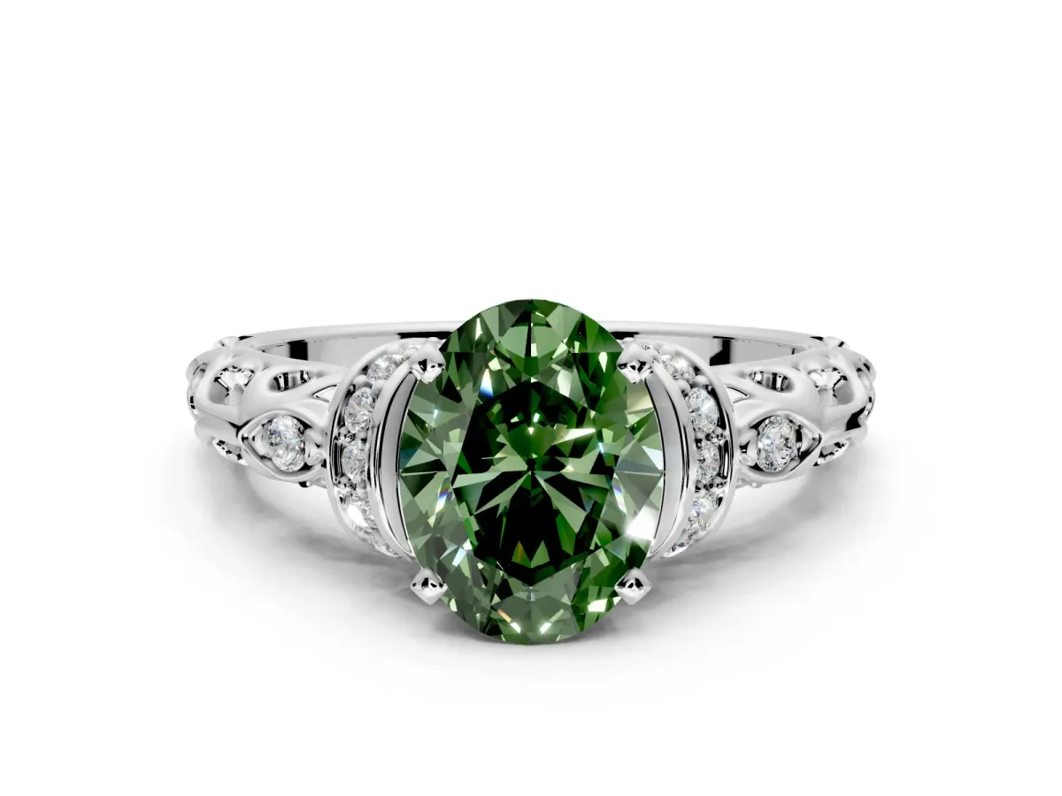 Solitaire Engagement Ring Setting for Fancy Green Oval Center with Filigree Band and Prong Head in Platinum
