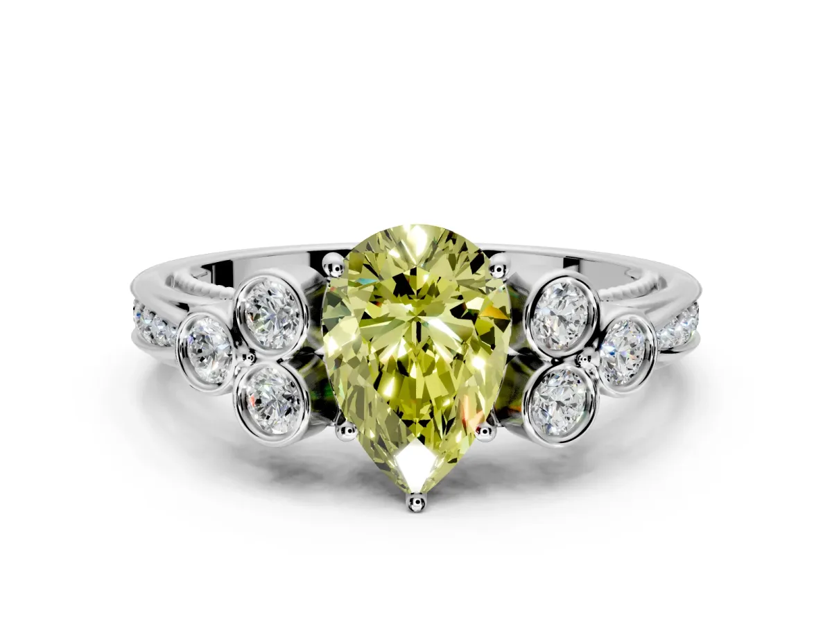 Cluster Engagement Ring Setting for Fancy Yellow Pear-Shaped Center with Bezel Accent Clusters and Prong Head in Sterling Silver