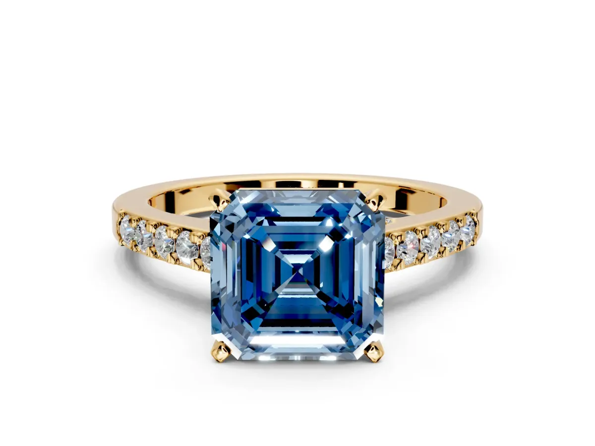 Solitaire Engagement Ring Setting for Fancy Blue Asscher Cut Center with Crossover Accents and Prong Head in Yellow Gold