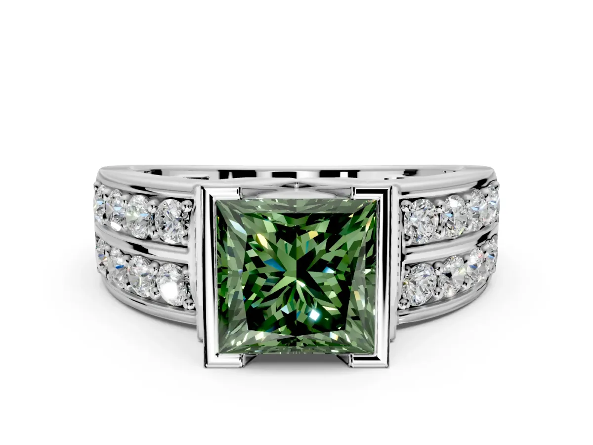Bezel Engagement Ring Setting for Fancy Green Princess Cut Center with Wide Channel-Set Band and Bezel Head in Platinum