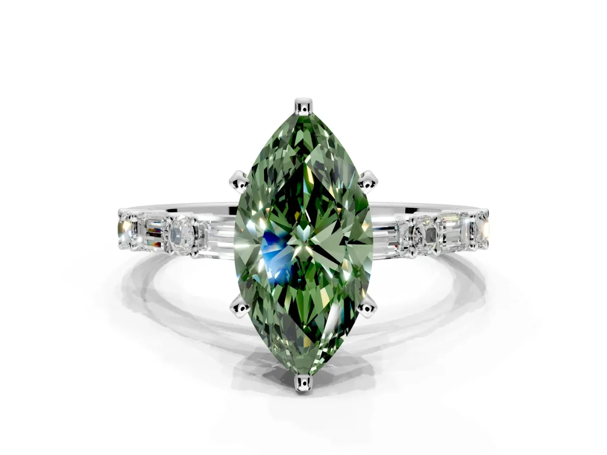 Baguette Engagement Ring Setting for Fancy Green Marquise Center with Alternating Bar-Set Band and Prong Head in White Gold