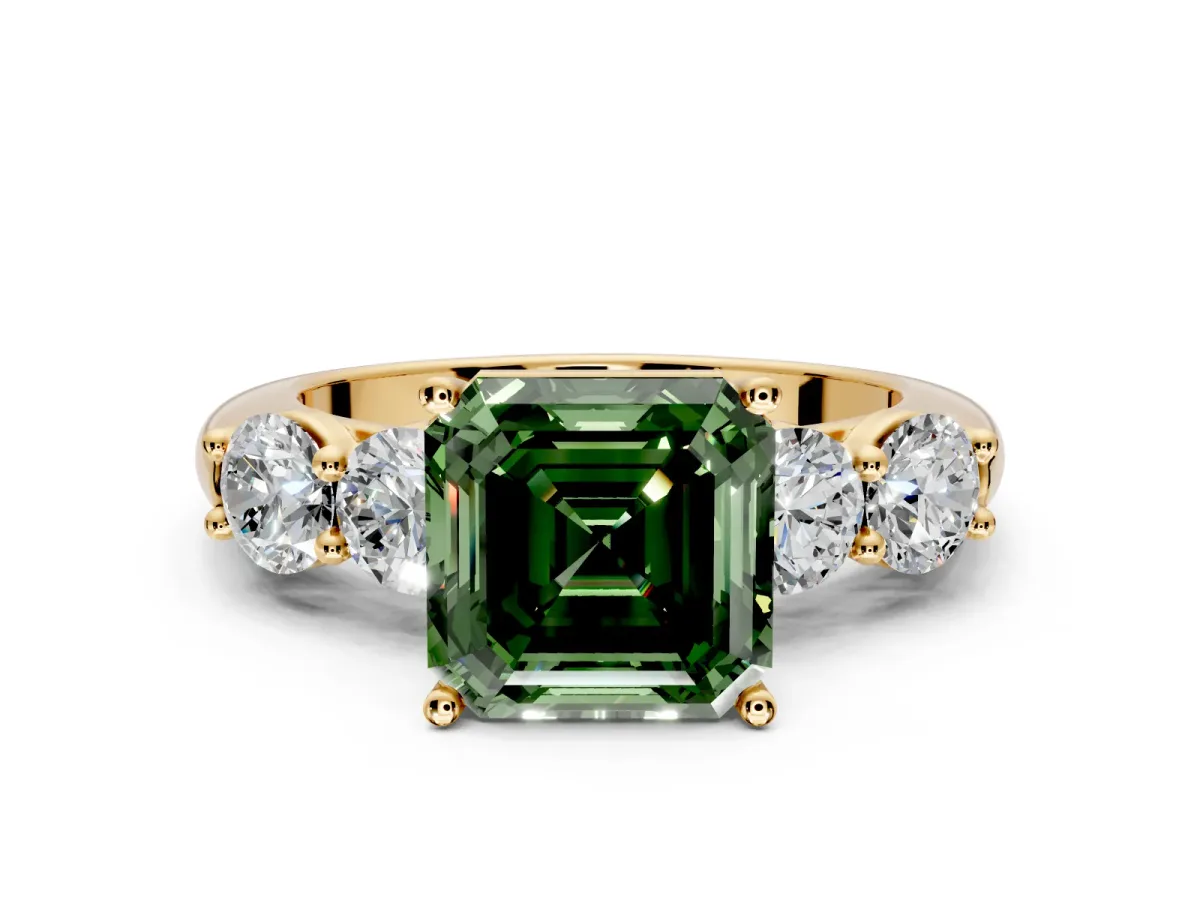 5 Stone Engagement Ring Setting for Fancy Green Asscher Cut Center with Graduated Accents and Prong Head in Yellow Gold