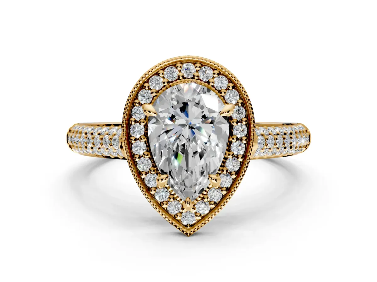 Milgrain Halo Engagement Ring Setting for Pear-Shaped Center with Three-Sided Pave Band and Prong Head in Yellow Gold