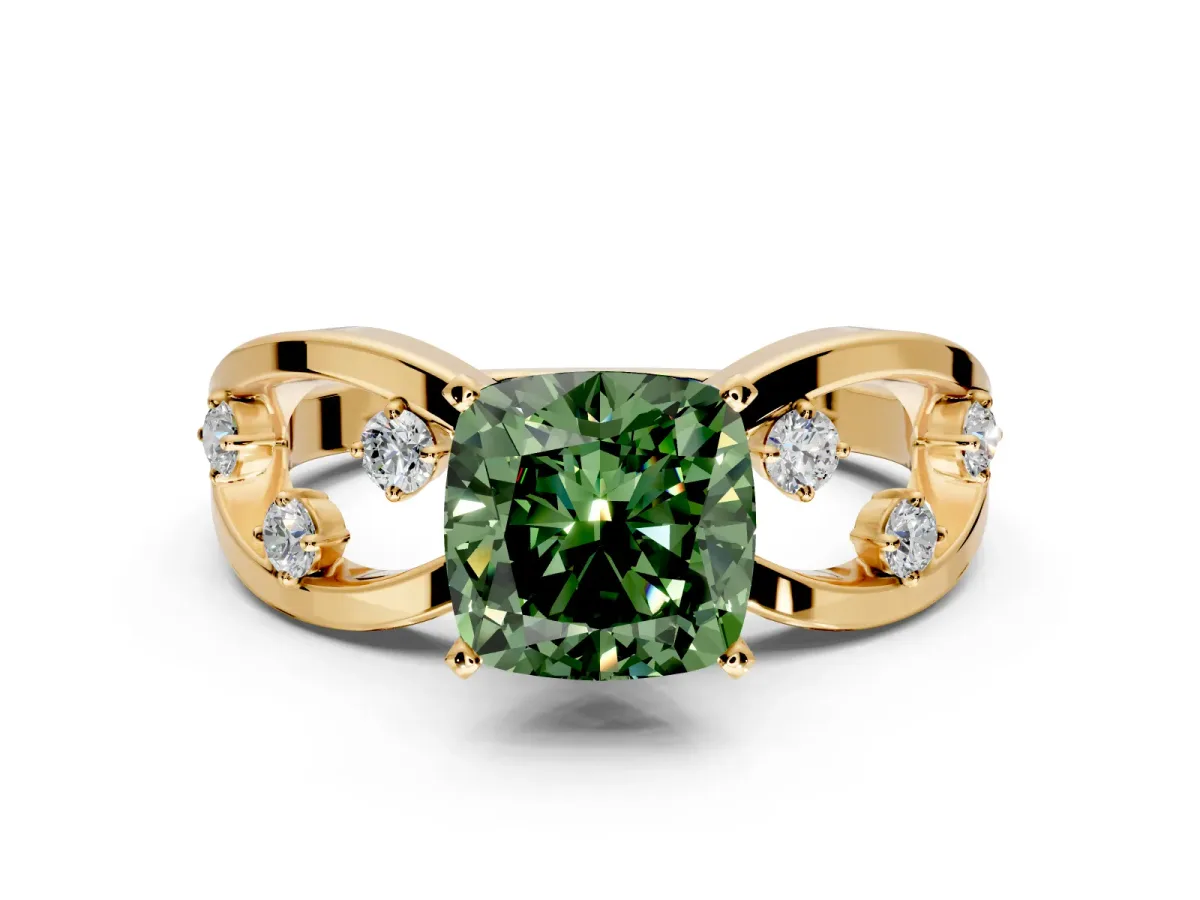 Solitaire Engagement Ring Setting for Fancy Green Cushion Cut Center with Criss-Cross Accent Band and Prong Head in Yellow Gold