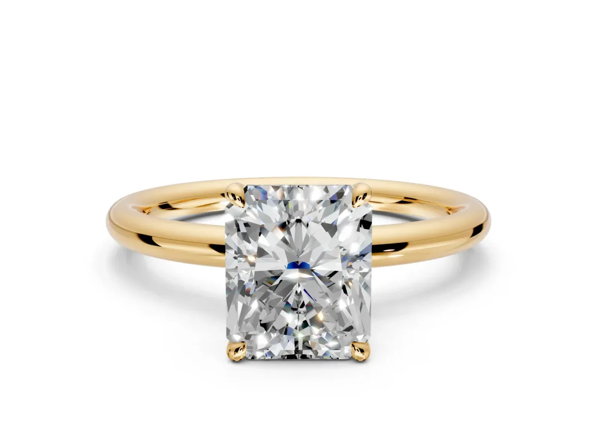 Hidden Halo Engagement Ring Setting for Radiant Cut Center with Thin Rounded Band and Prong Head in Yellow Gold