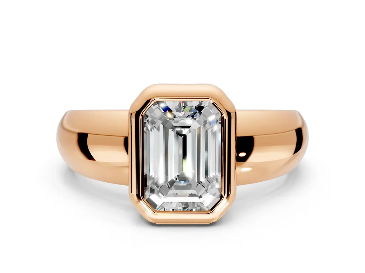 Solitaire Engagement Ring Setting for Emerald Cut Center with Wide Band and Bezel Head in Rose Gold