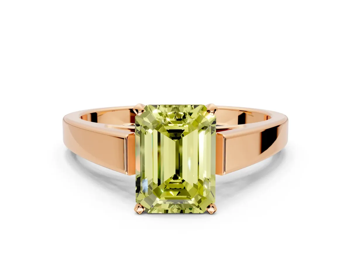 Solitaire Engagement Ring Setting for Fancy Yellow Emerald Cut Center with Tapered Split Shoulders and Prong Head in Rose Gold