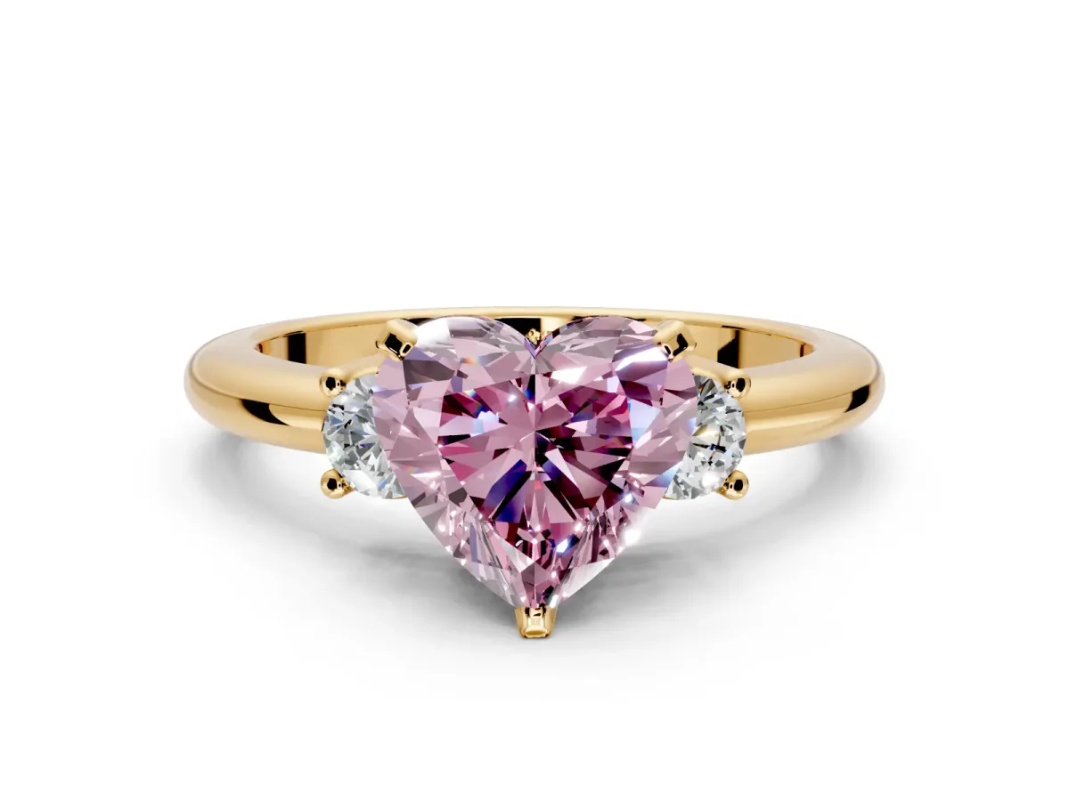 3 Stone Engagement Ring Setting for Fancy Pink Heart-Shaped Center with Wide Plain Band and Prong Head in Yellow Gold