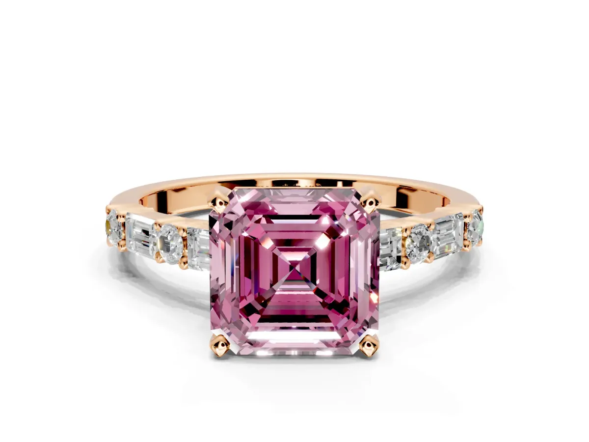 Baguette Engagement Ring Setting for Fancy Pink Asscher Cut Center with Alternating Bar-Set Band and Prong Head in Rose Gold