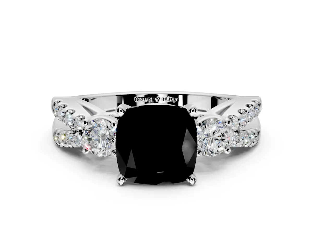 3 Stone Engagement Ring Setting for Fancy Black Cushion Cut Center with Pave Split Shank and Prong Head in White Gold