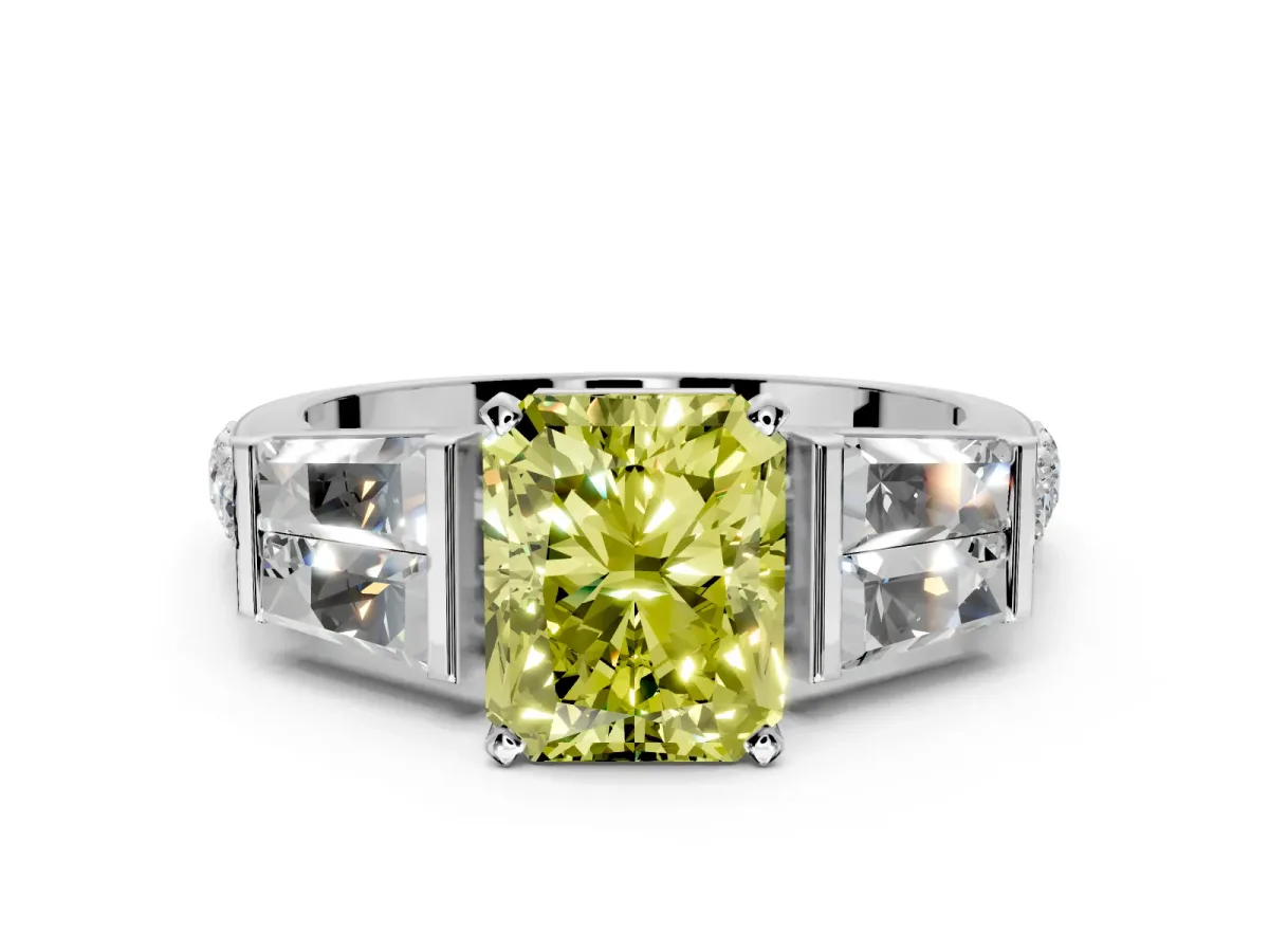 Channel-Set Engagement Ring Setting for Fancy Yellow Radiant Cut Center with Baguette Band and Prong Head in White Gold