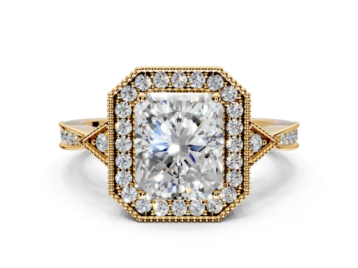 Halo Engagement Ring Setting for Radiant Cut Center with Milgrain Rim, Pave Band and Prong Head in Yellow Gold