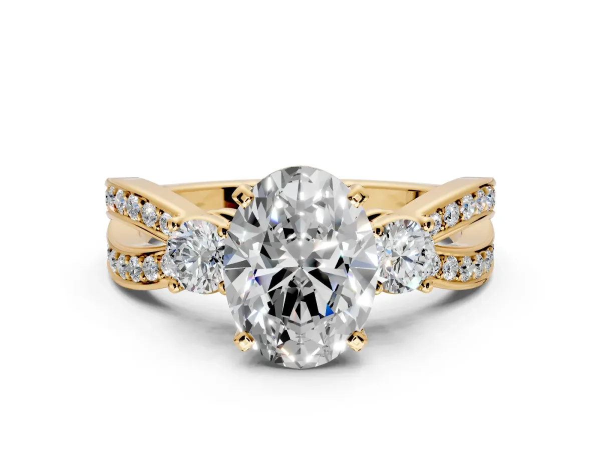 3 Stone Engagement Ring Setting for Oval Center with Pave Twist Band and Prong Head in Yellow Gold