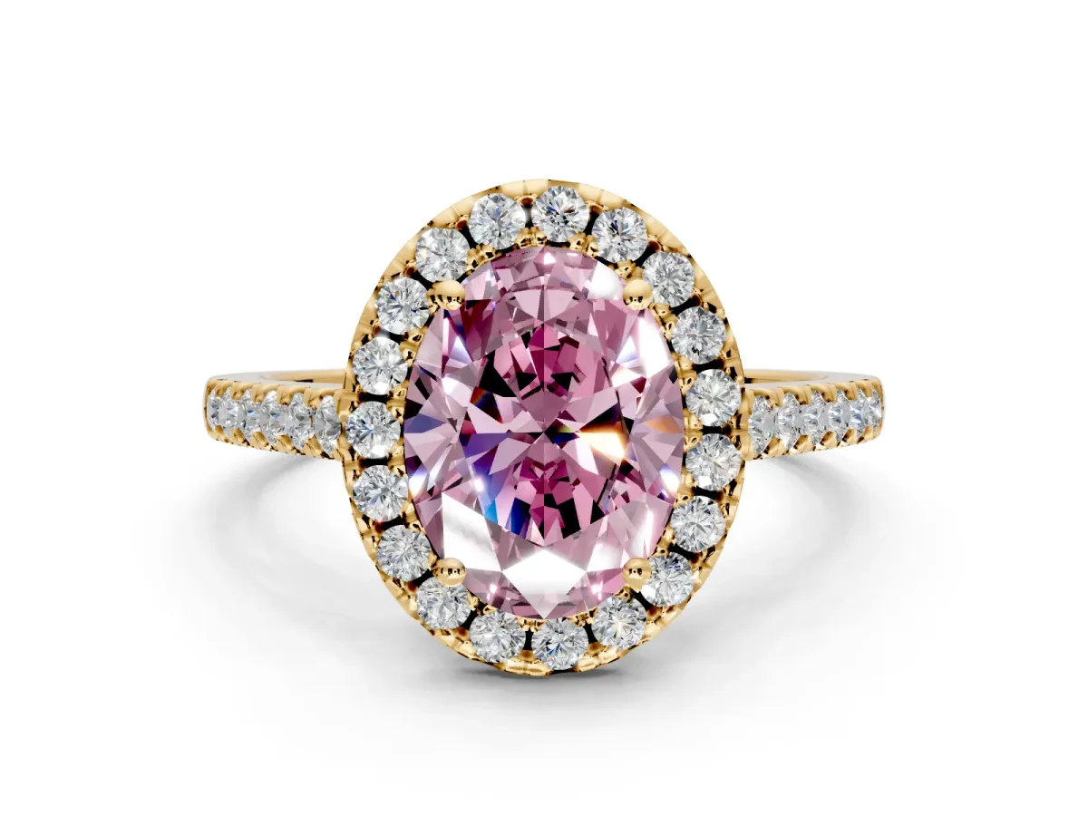 Halo Engagement Ring Setting for Fancy Pink Oval Center with Raised Halo, Pave Band and Prong Head in Yellow Gold