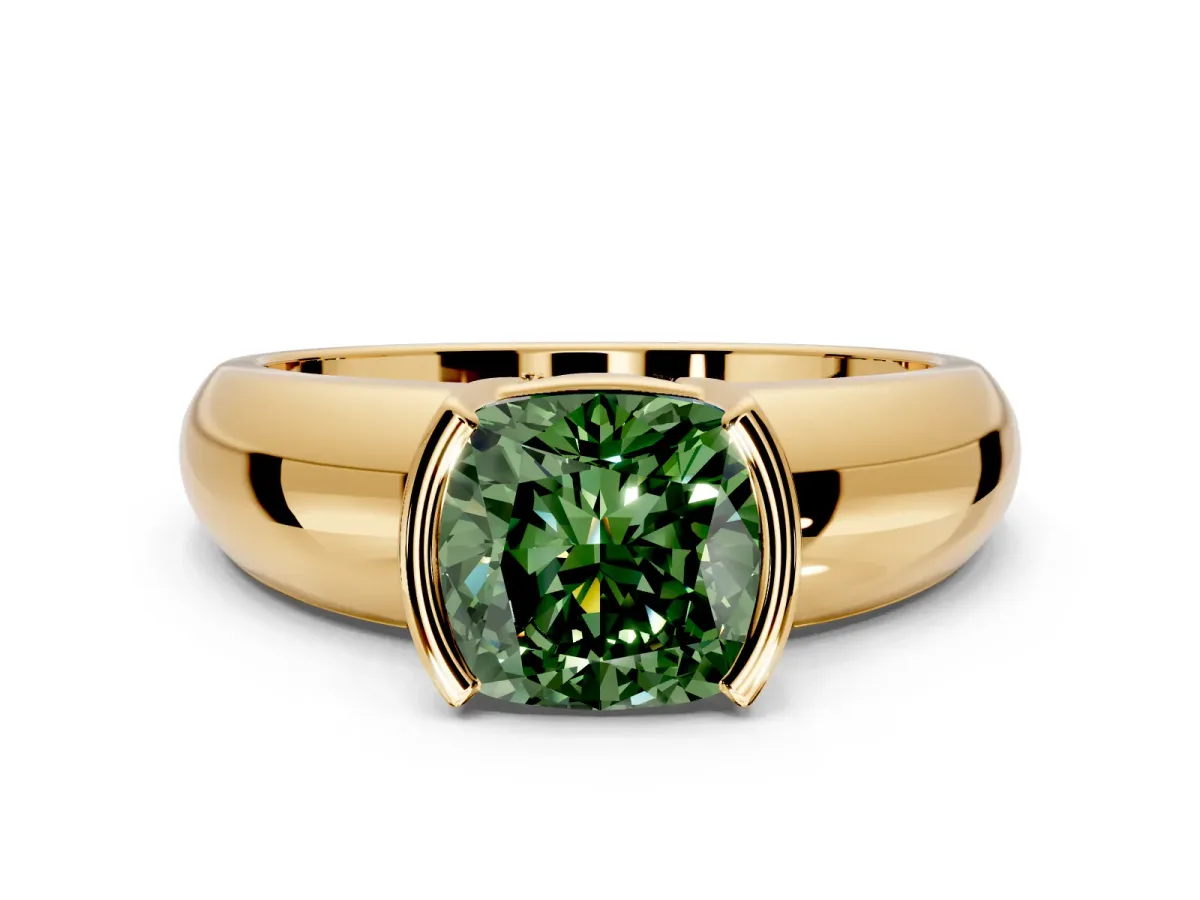 Tension Engagement Ring Setting for Fancy Green Cushion Cut Center with Wide Flat Band and Tension Head in Yellow Gold