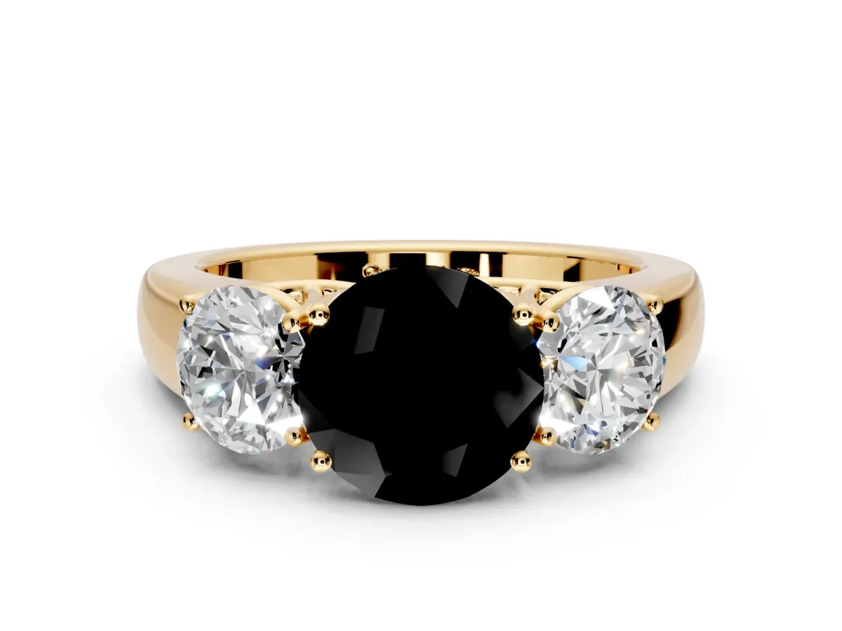 3 Stone Engagement Ring Setting for Fancy Black Round Cut Center with Raised Basket Heads and Prong Head in Yellow Gold