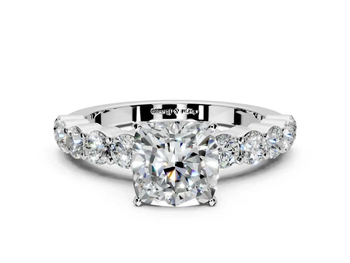 Shared-Prong Engagement Ring Setting for Cushion Cut Center with Graduated Accents and Prong Head in Sterling Silver