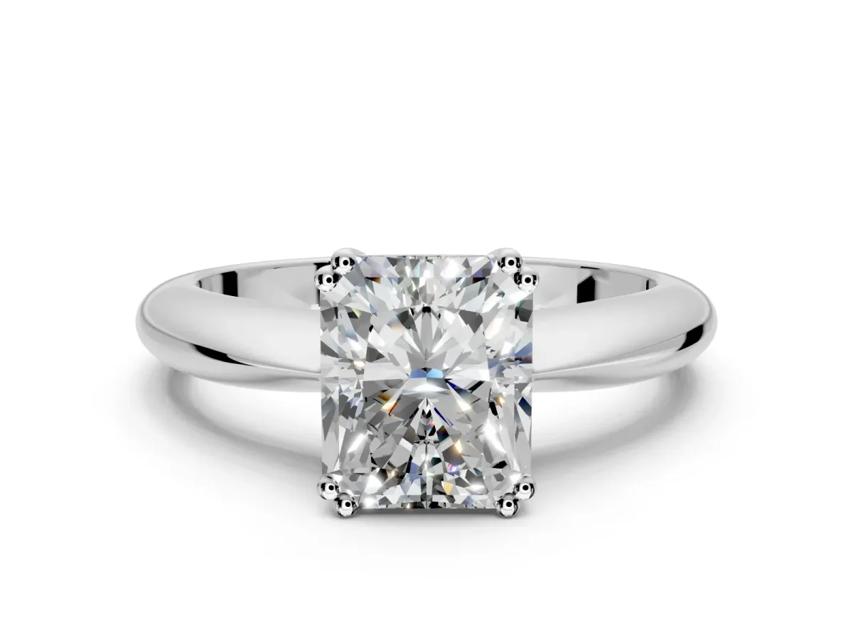 Solitaire Engagement Ring Setting for Radiant Cut Center with Reverse Tapered Band and Prong Head in Sterling Silver