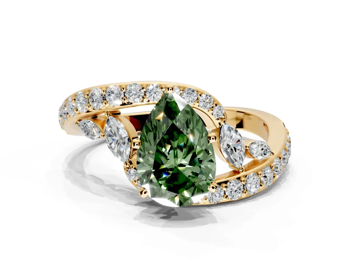 Solitaire Engagement Ring Setting for Fancy Green Pear-Shaped Center with Pave Bypass Twist Band and Prong Head in Yellow Gold