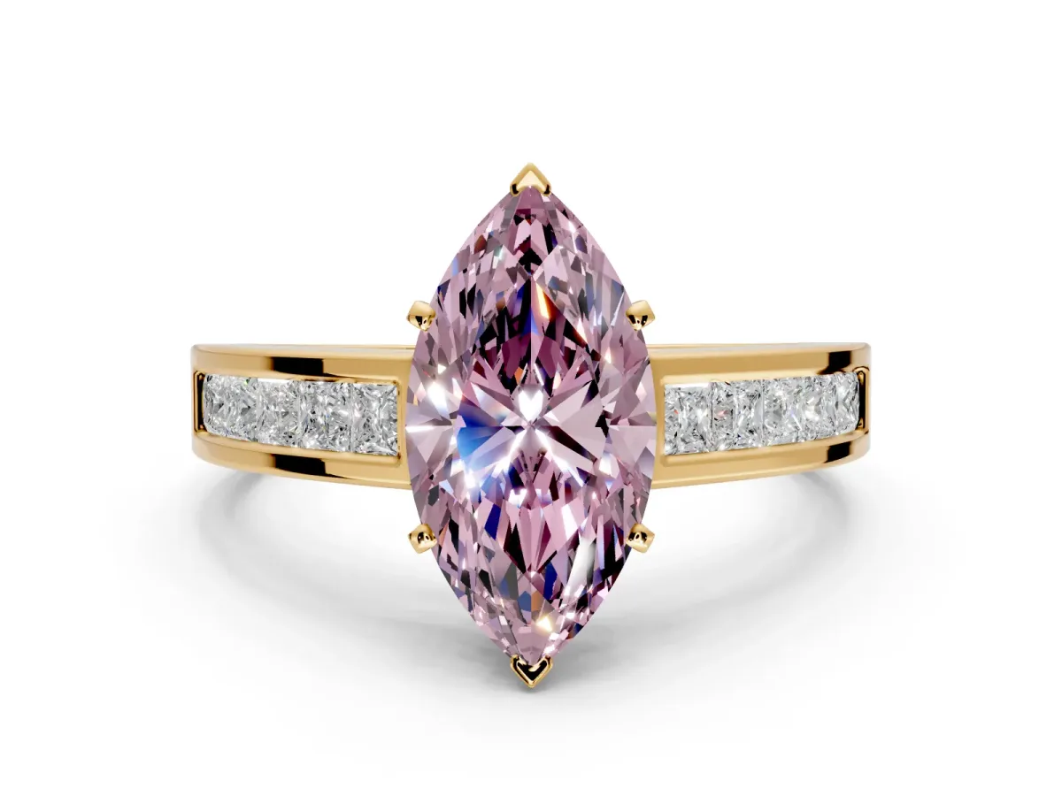 Solitaire Engagement Ring Setting for Fancy Pink Marquise Center with Princess Cut Channel Band and Prong Head in Yellow Gold