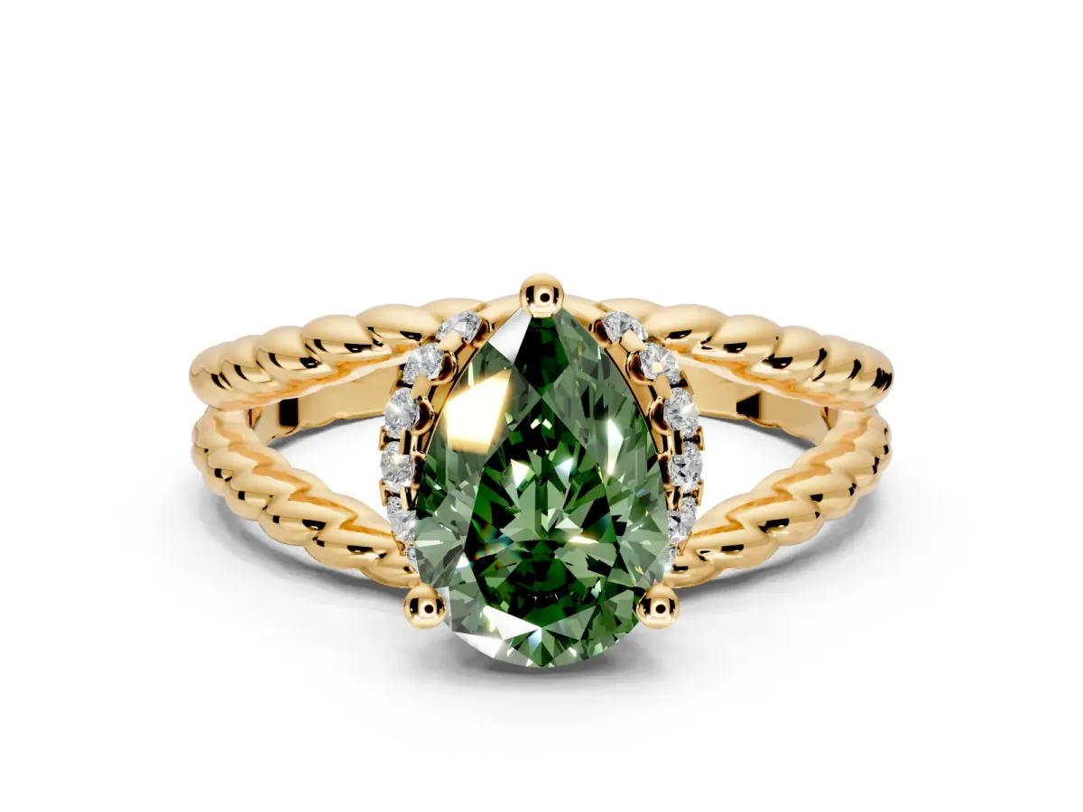 Halo Engagement Ring Setting for Fancy Green Pear-Shaped Center with Rope Twist Split Shank and Prong Head in Yellow Gold