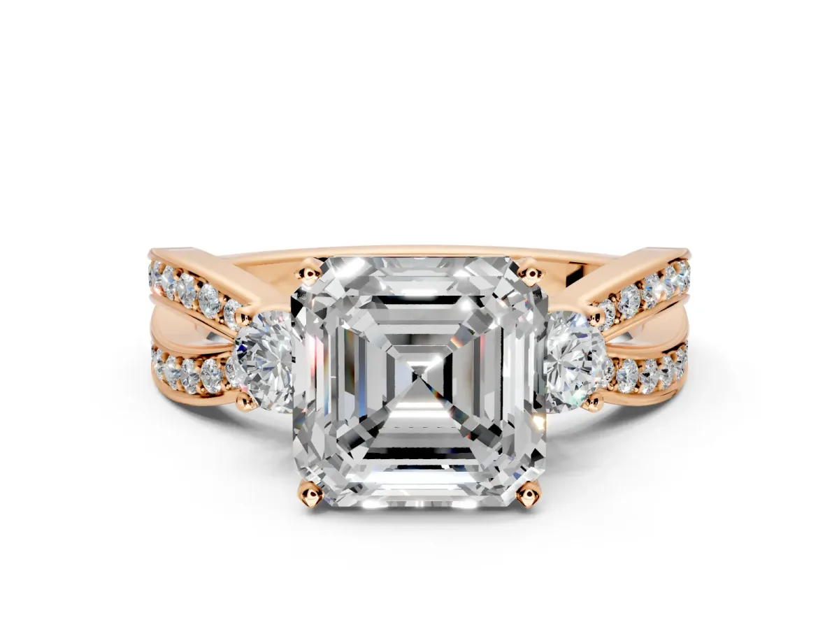 3 Stone Engagement Ring Setting for Asscher Cut Center with Pave Twist Band and Prong Head in Rose Gold
