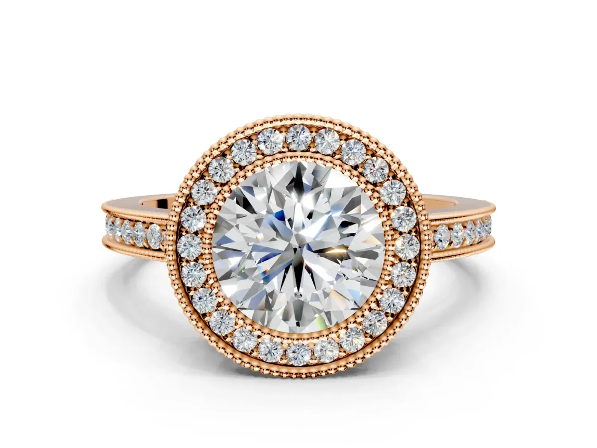Halo Engagement Ring Setting for Round Cut Center with Milgrain Halo, Pave Band and Prong Head in Rose Gold